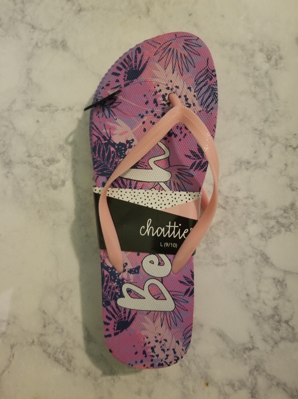 chatties Pink Strappy Flip Flop with Purple Tropical Print